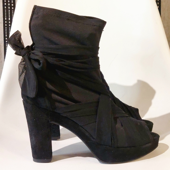 Strategia black suede & fabric platform sock bootie w tulle ties, EU41, NWT - Picture 6 of 14